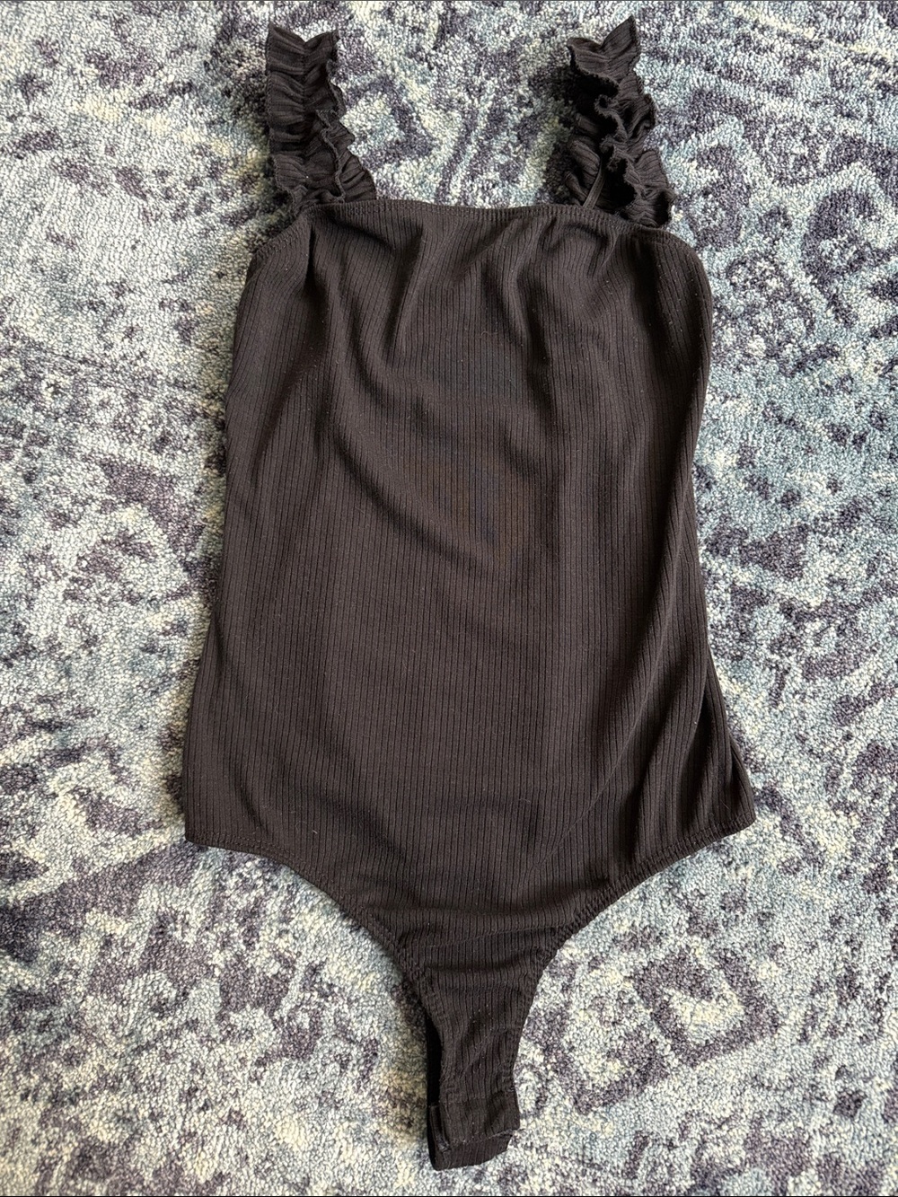 Women’s Black Ribbed One-Piece Bodysuit with Ruffle Straps